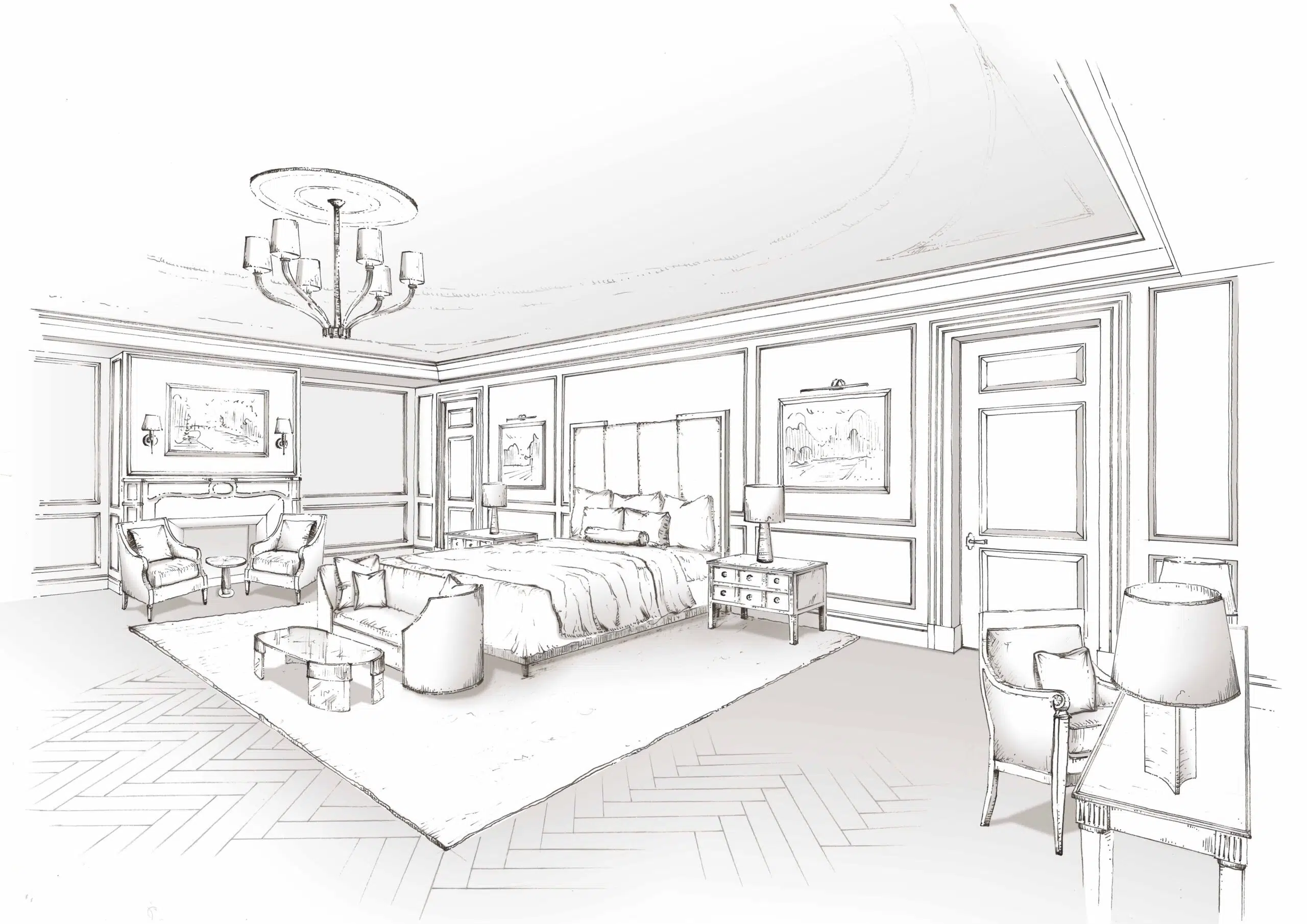 Bedroom modern interior drawing Royalty Free Vector Image