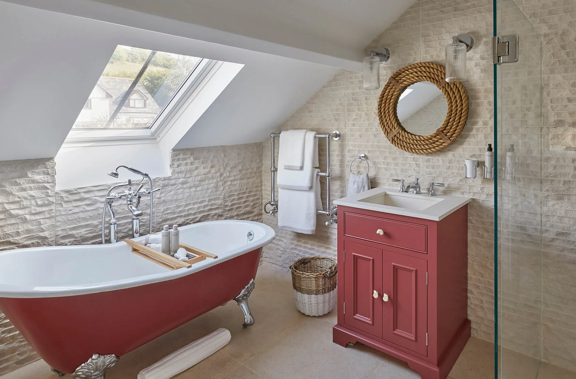 red bathroom in Devon interior design project