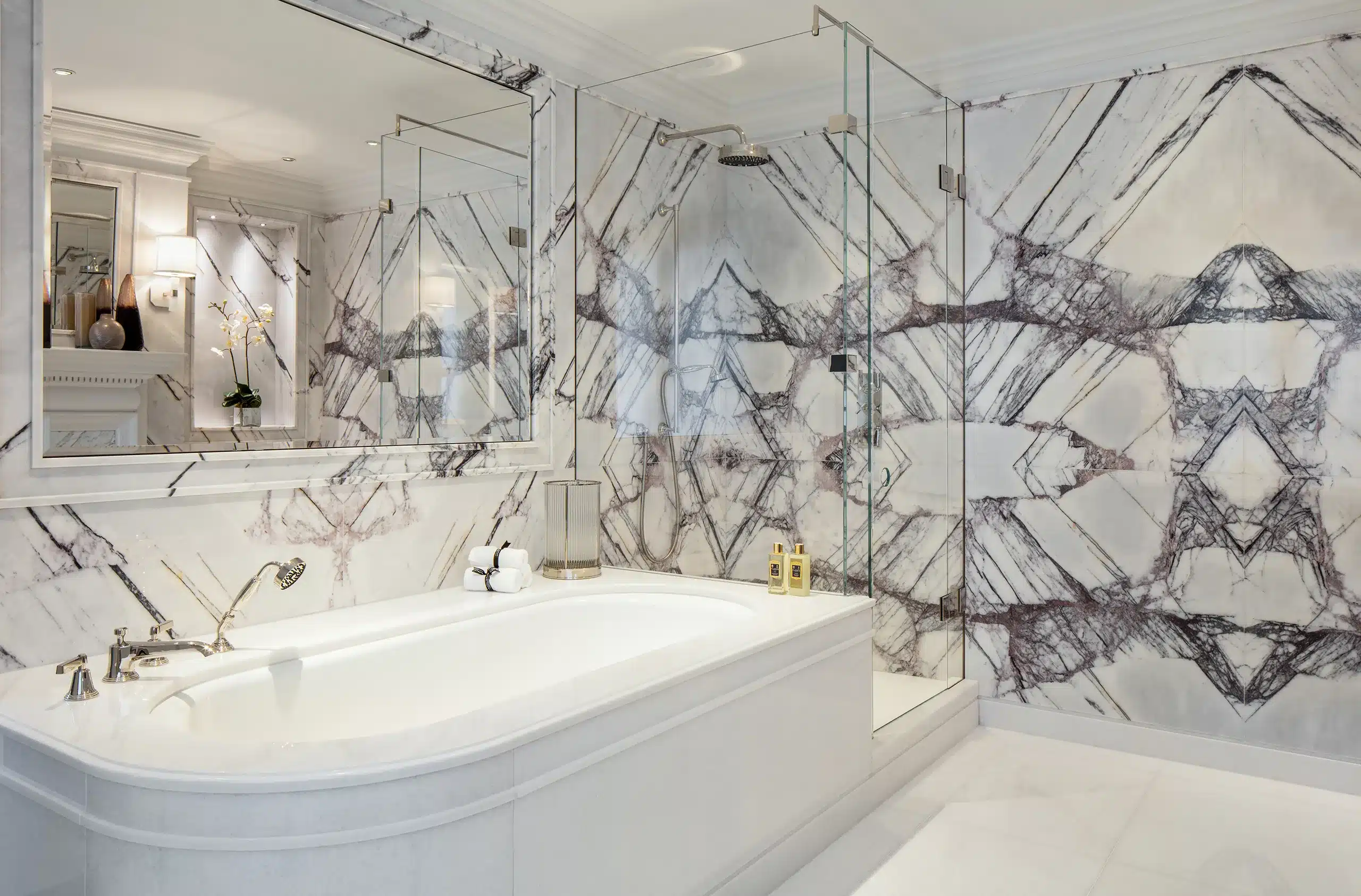 An opulent marble bathroom in a residential home in central London