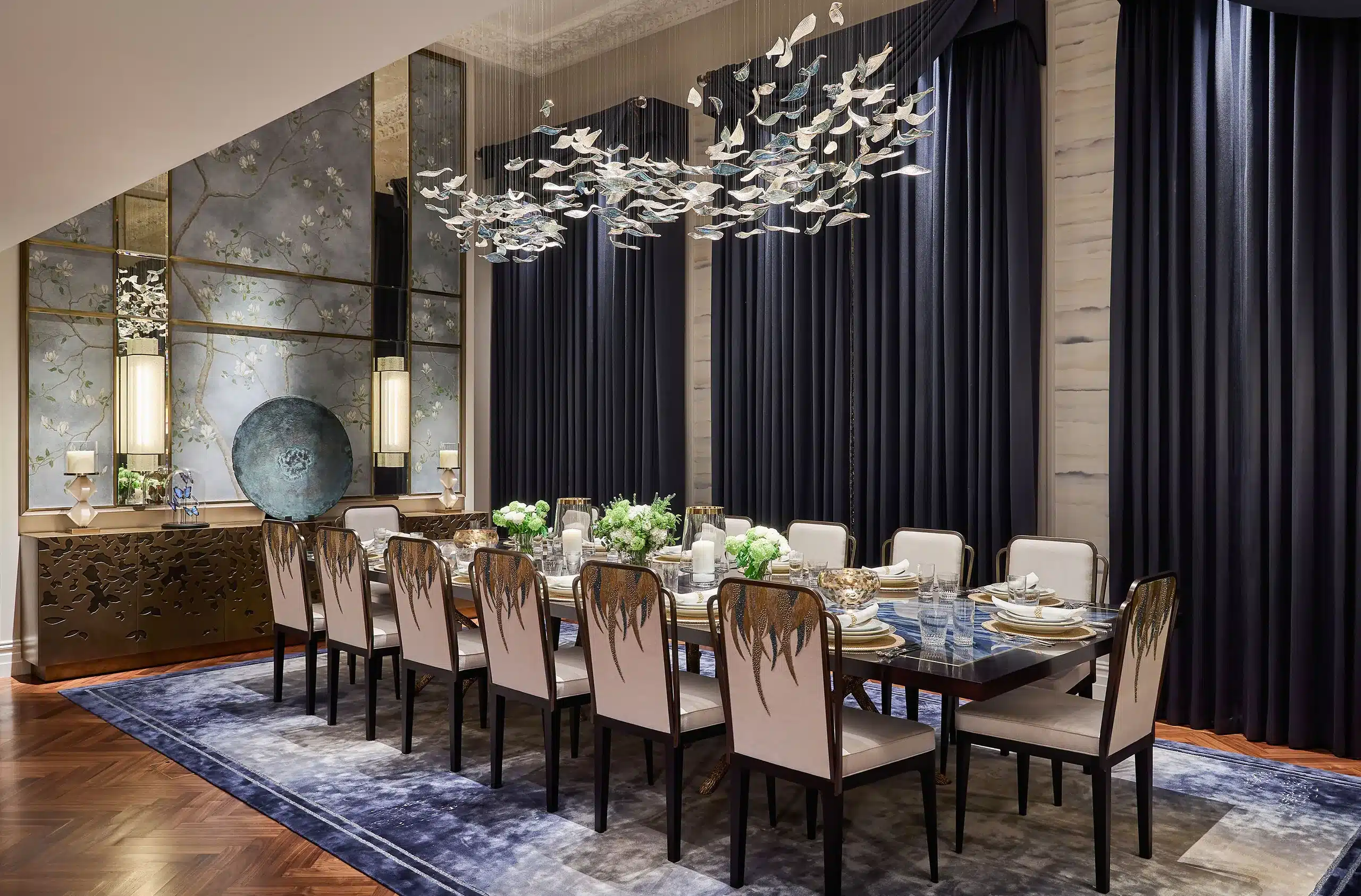 A dining room in a property development at the lancasters estate near hyde park in london. Interior design by katharine pooley, the uk's best interior design studio
