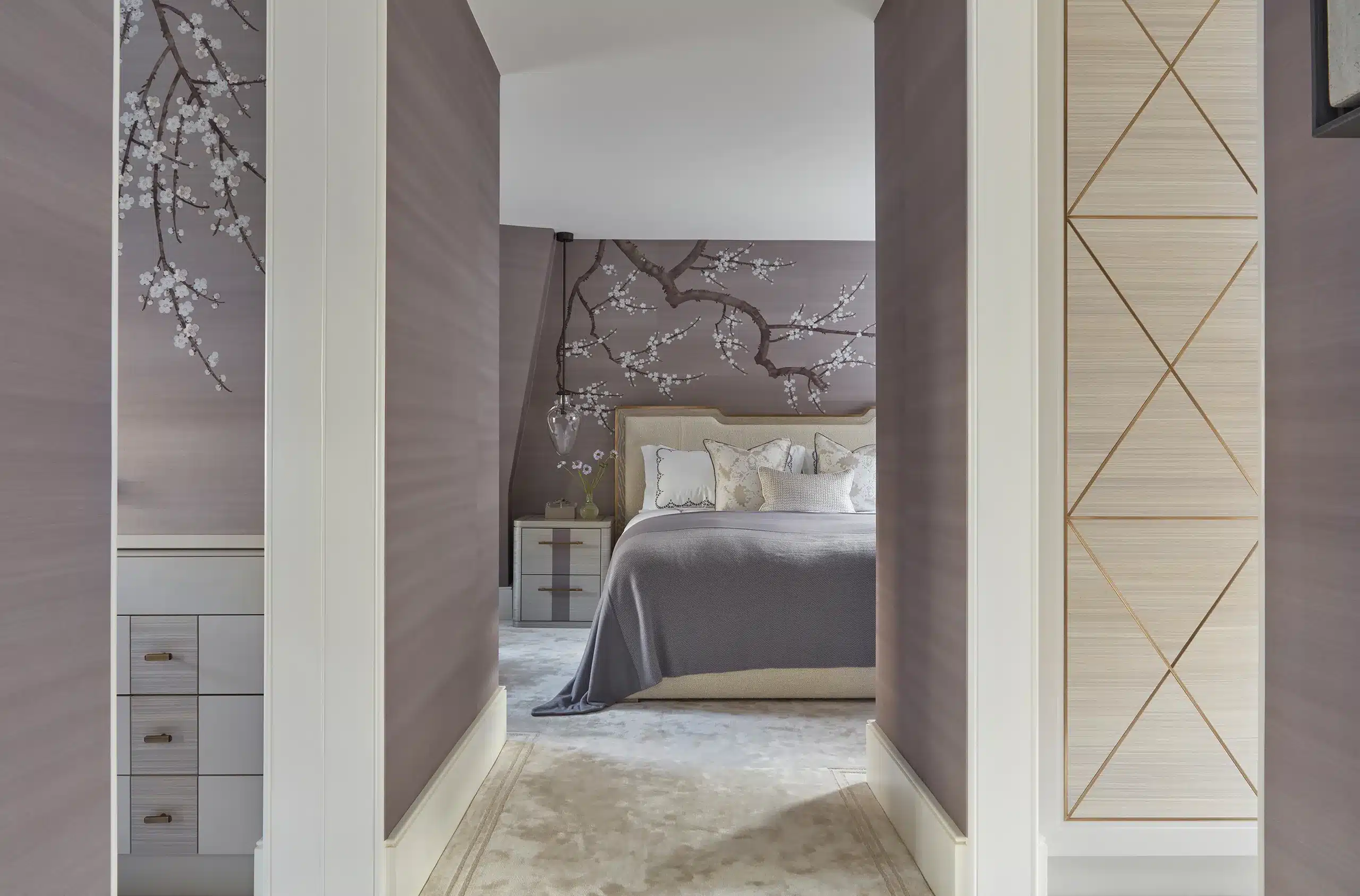 Master bedroom details in a purple hue as designed by award winning london design studio katharine pooley
