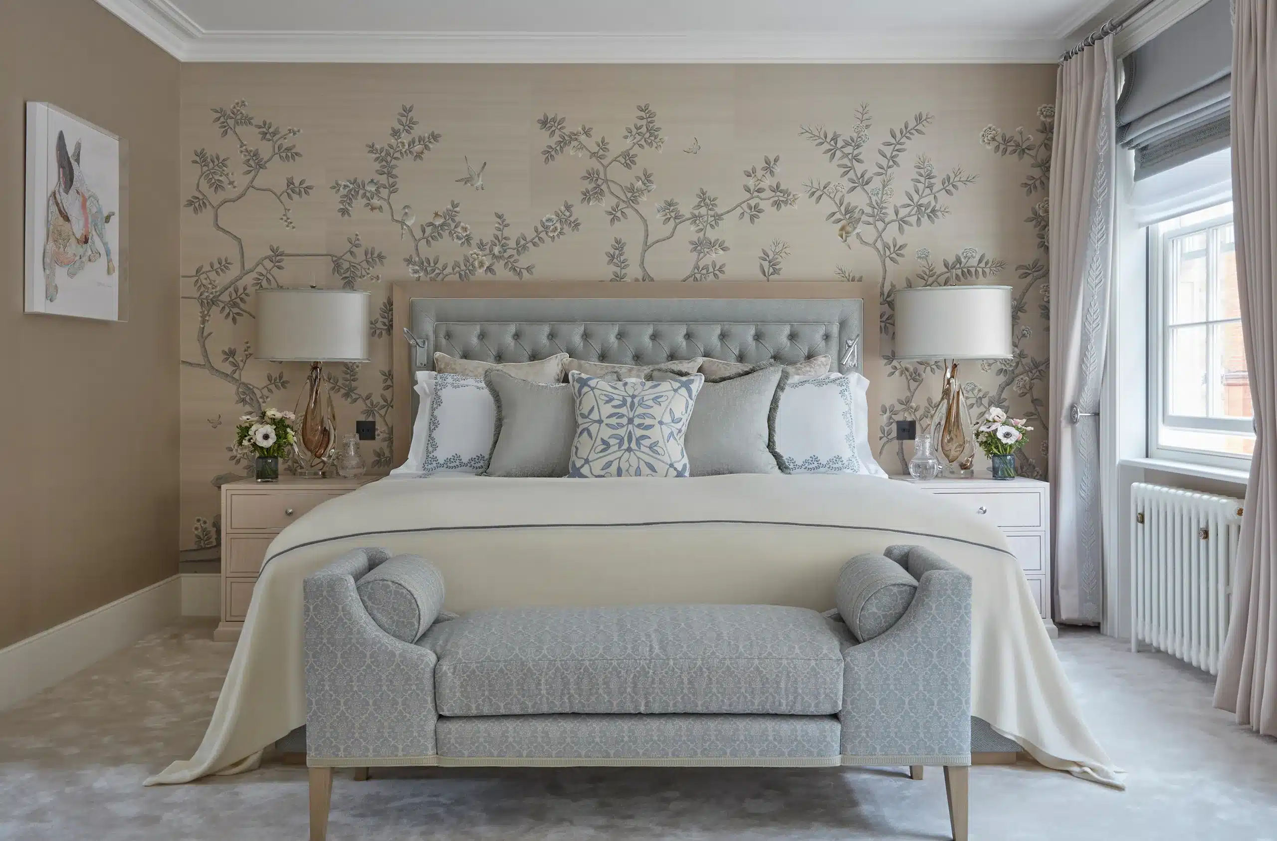 Master bedroom details in a warm hue as designed by award winning london design studio katharine pooley