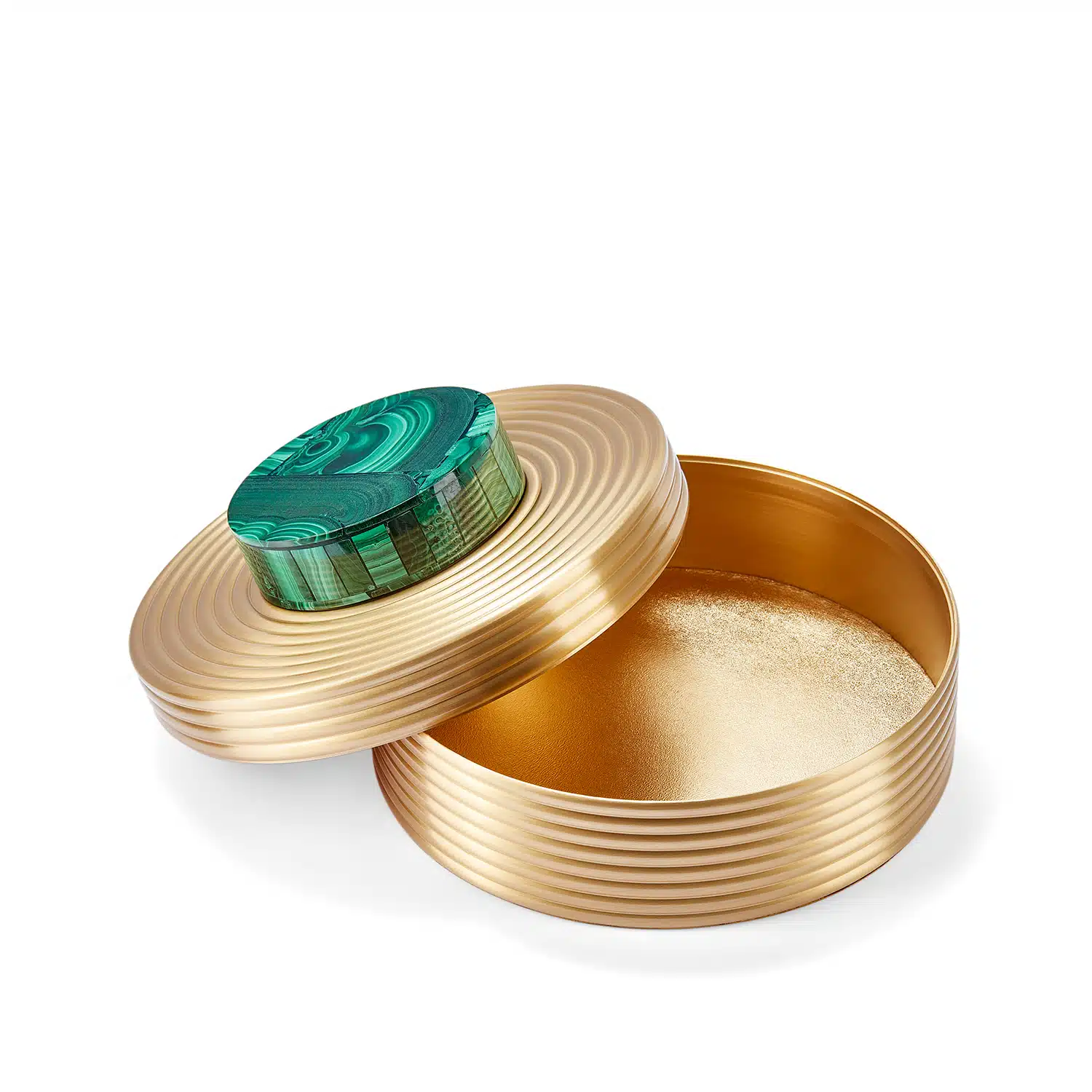 A luxury keepsake box in gold with a malachite mineral on top, by the katharine pooley boutique