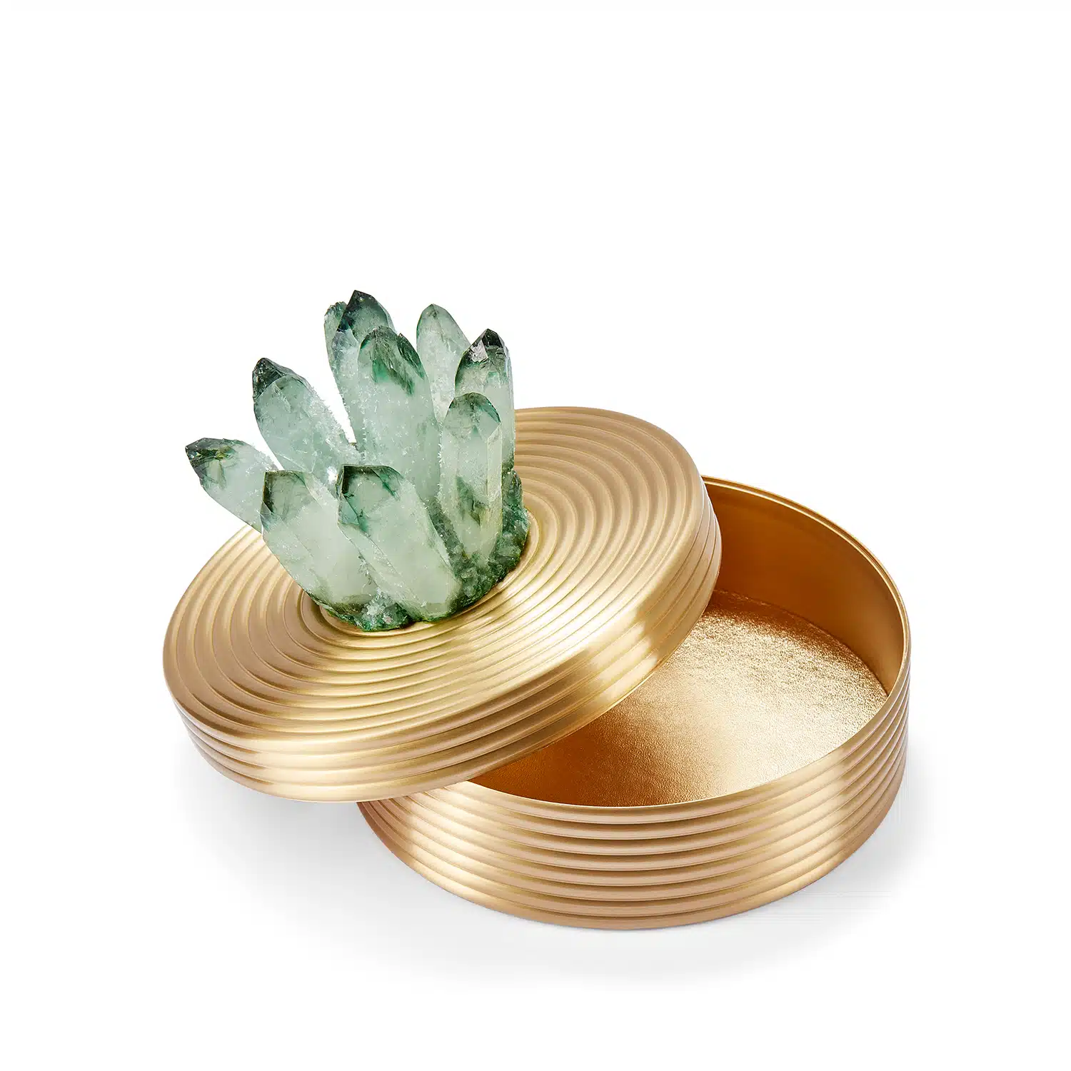 A gorgeous luxury keepsake box adorned with peridot minerals, a luxury home decor piece from the katharine pooley range