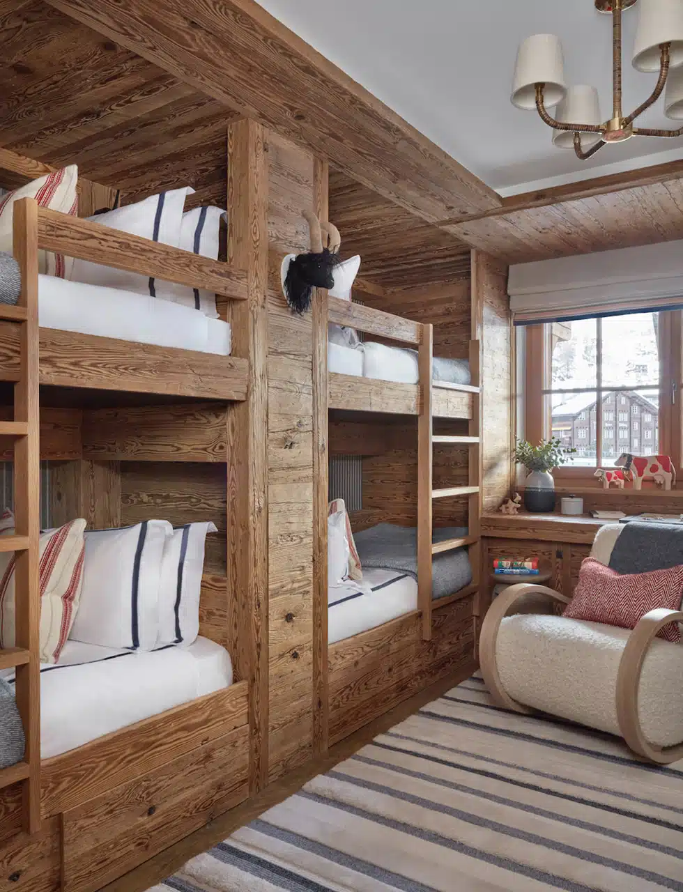 Kids bunk beds and room interior design in an alpine ski chalet
