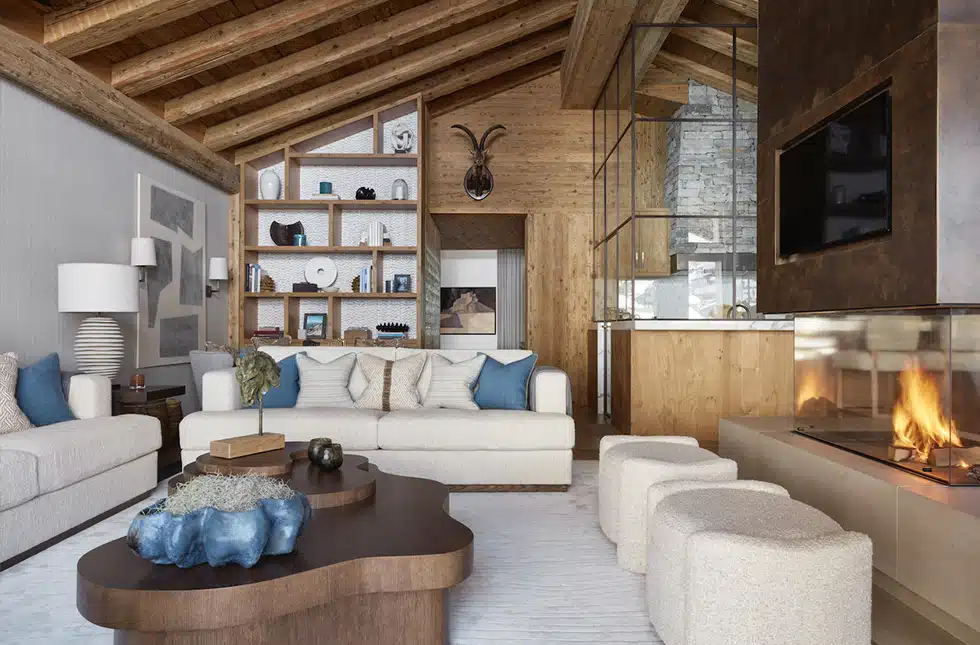 A living room in an alpine ski chalet