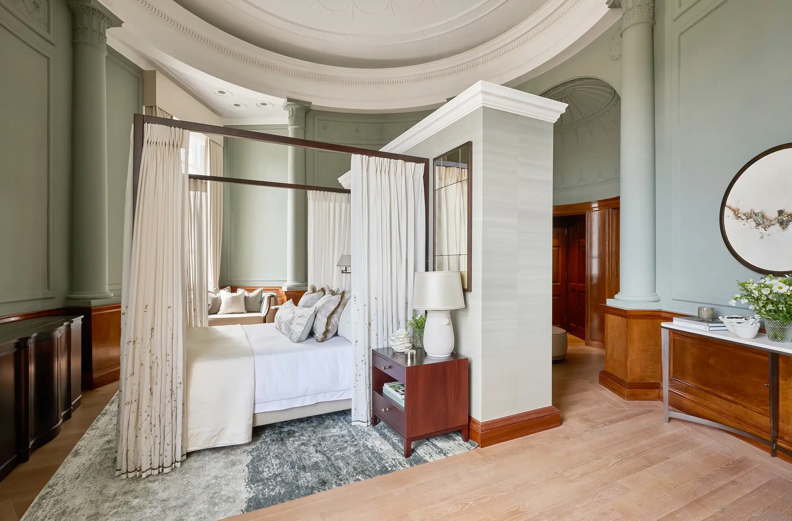 The master bedroom at the uk's best interior designer, Katharine Pooley's Millbank interior design project in central london, next to westminster