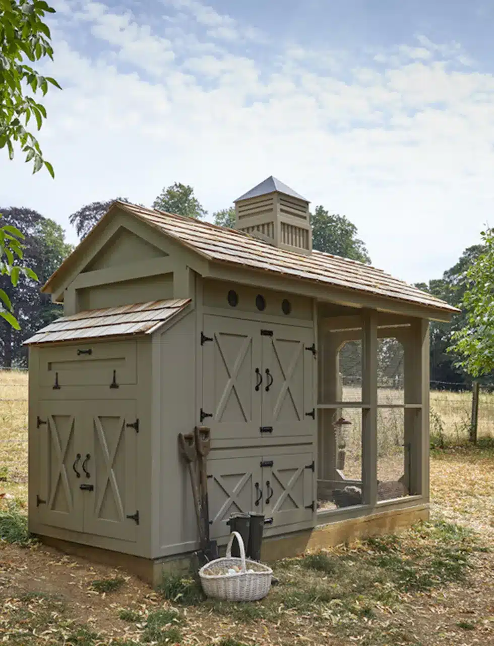 A chicken coop in the english countryside, designed in america, rustic barn style