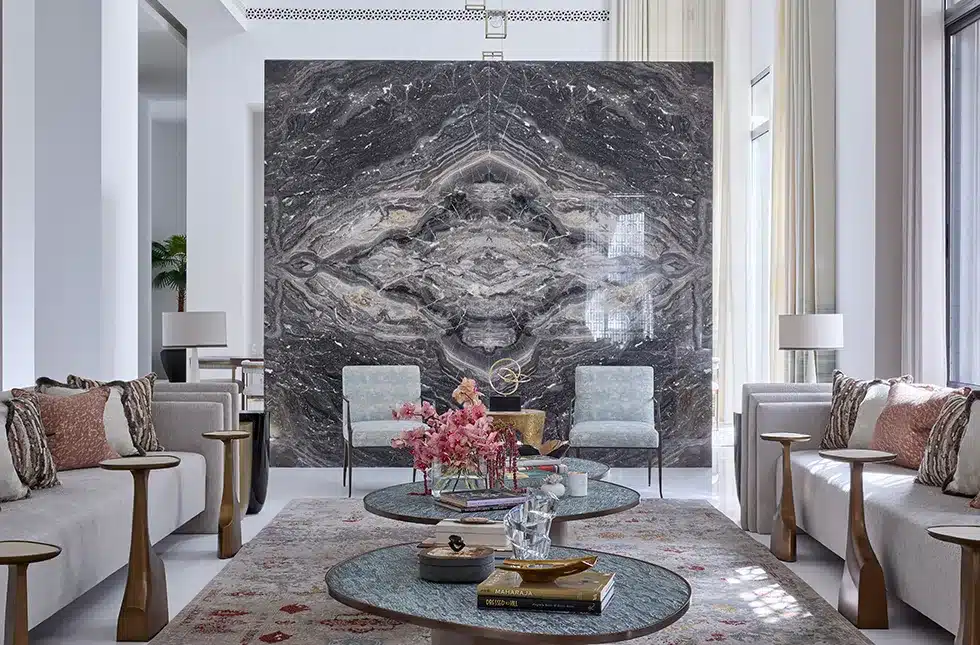 marble feature wall in a contemporary majilis kuwait middle east katharine pooley luxury interior design