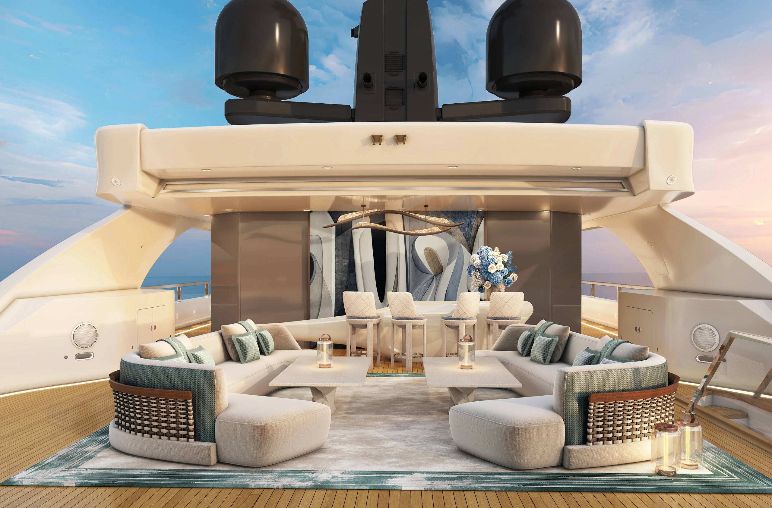 The upper deck on a superyacht design by world famous interior designer katharine pooley