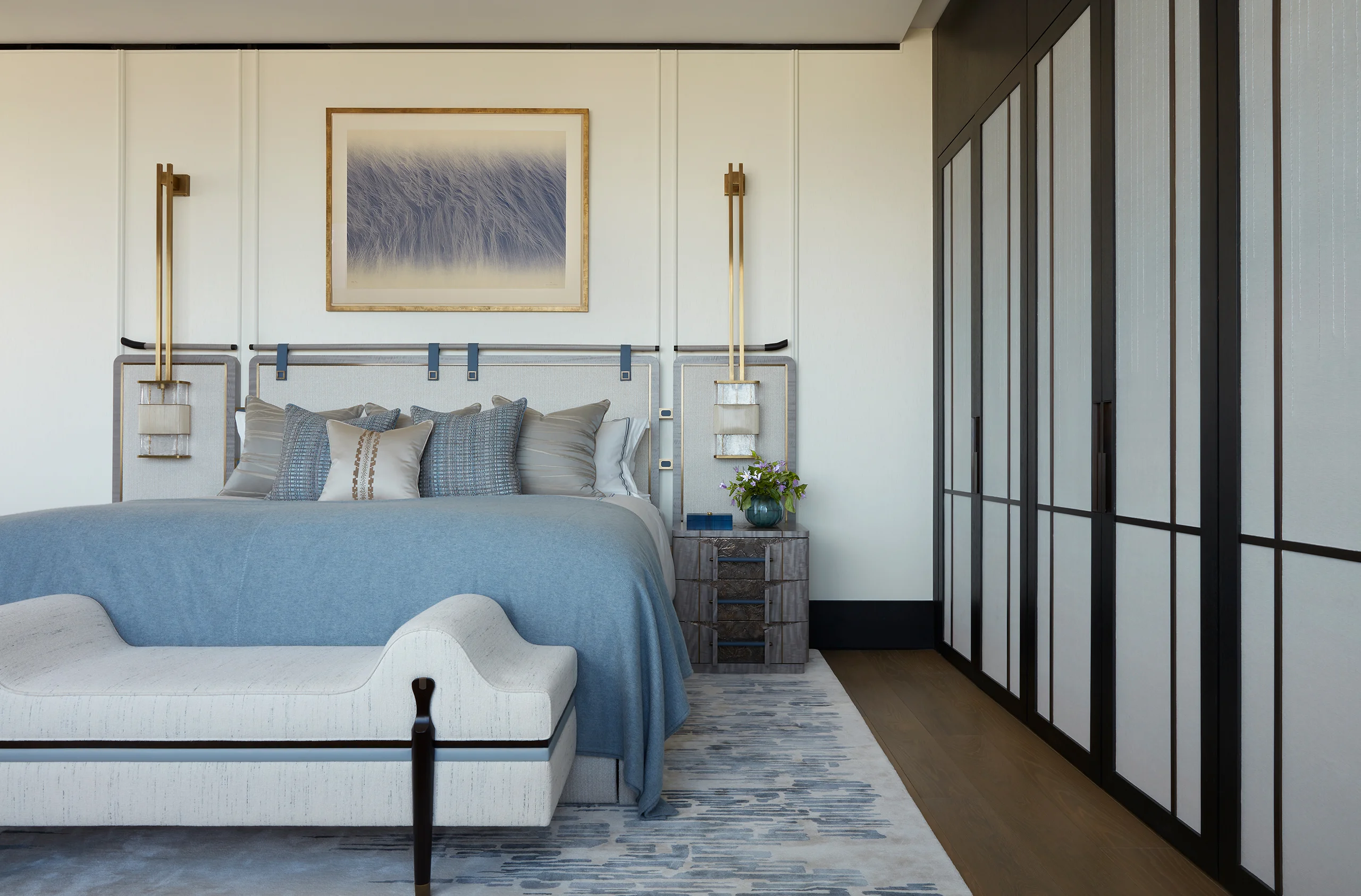 Bespoke details in a primary bedroom in a london penthouse apartment