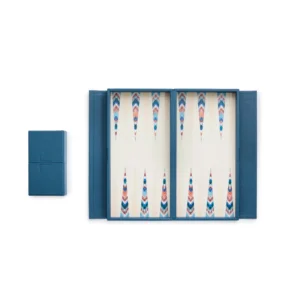 A clean picture of a blue handcrafted leather luxury backgammon set