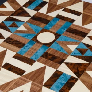 Geometric handmade marquetry poker set by alexandra llewyn and katharine pooley