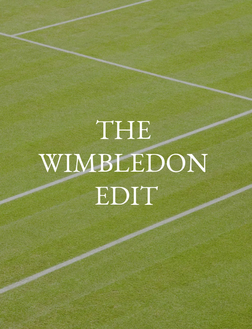 A tennis court background with a title'The Wimbledon Edit' laid across the top in white capitals