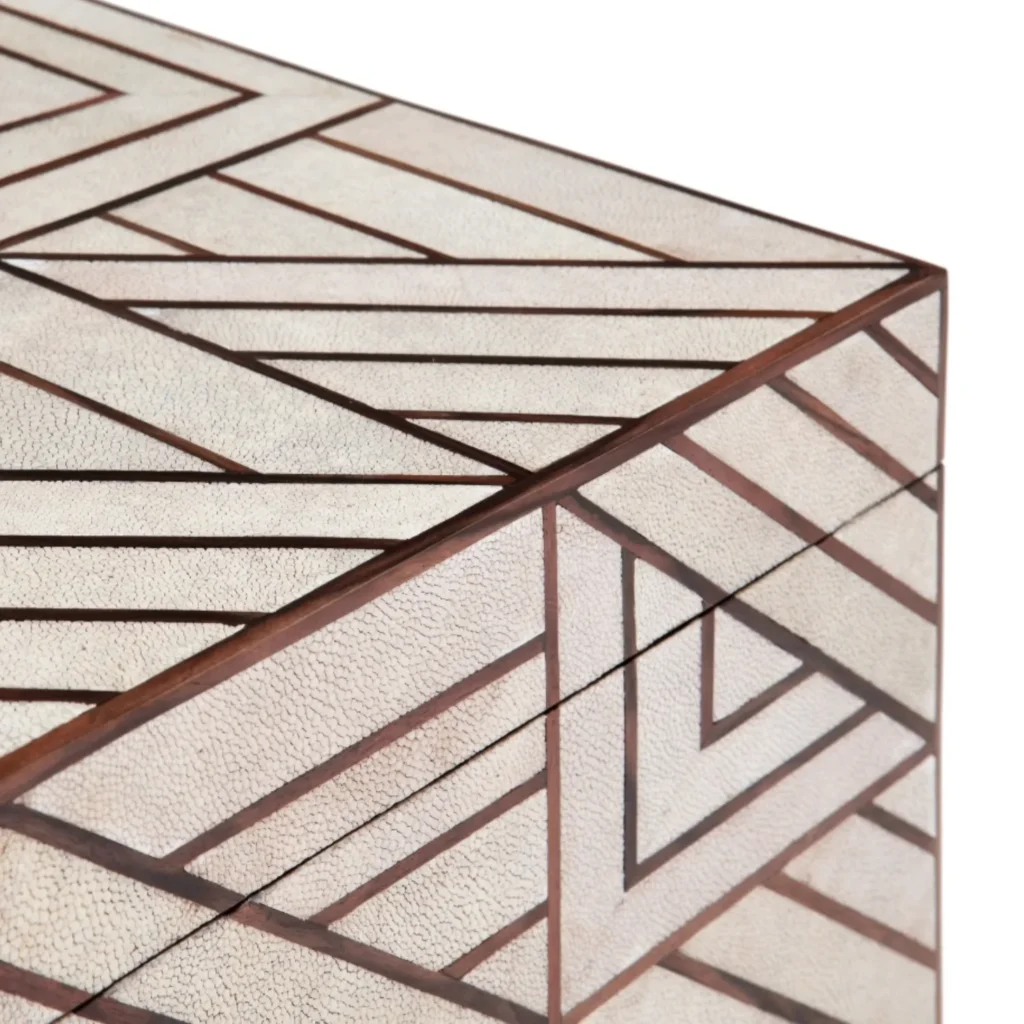An close up view of a beautiful shagreen box with an art deco inspired inlay at the katharine pooley boutique