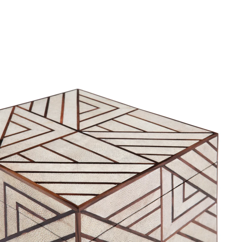 An close up view of a beautiful shagreen box with an art deco inspired inlay at the katharine pooley boutique