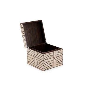 An open view of a beautiful shagreen box with an art deco inspired inlay at the katharine pooley boutique